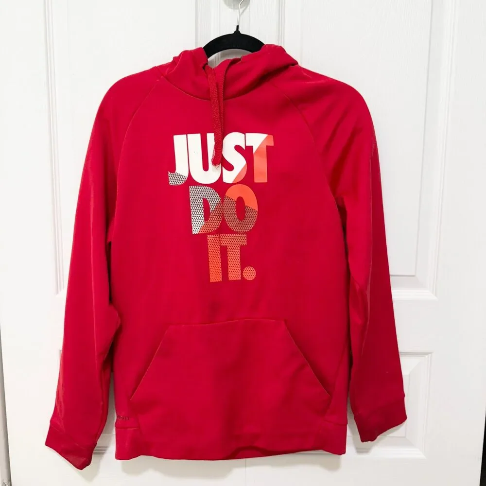 Men Nike Dri-Fit Scuba Just Do It Graphic Pullover Hoodie in Red and White Small